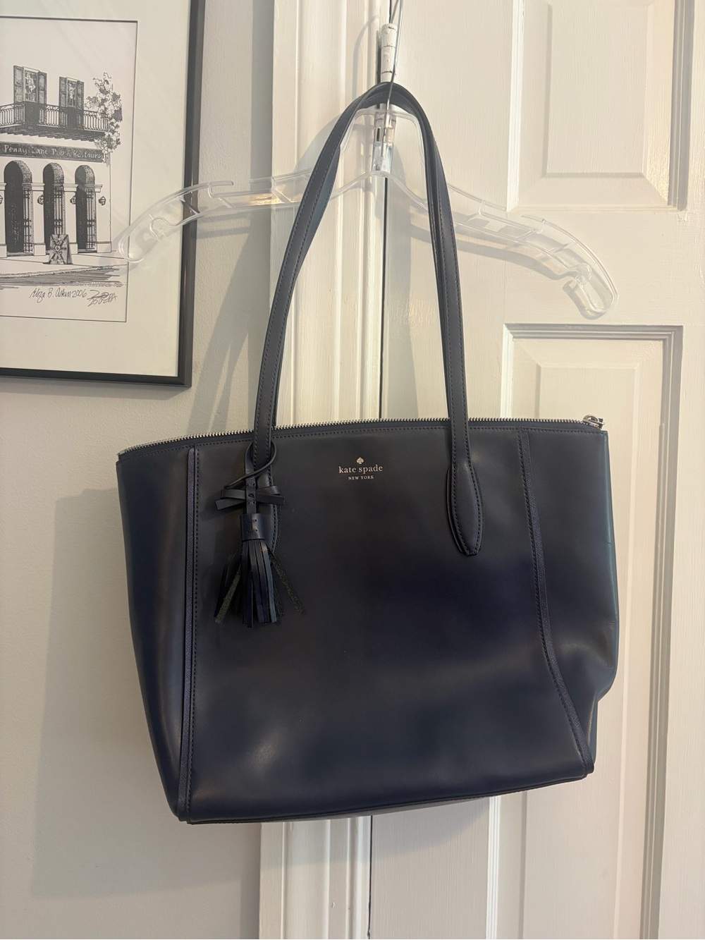kate spade Navy Leather Tote with Tassel Charm